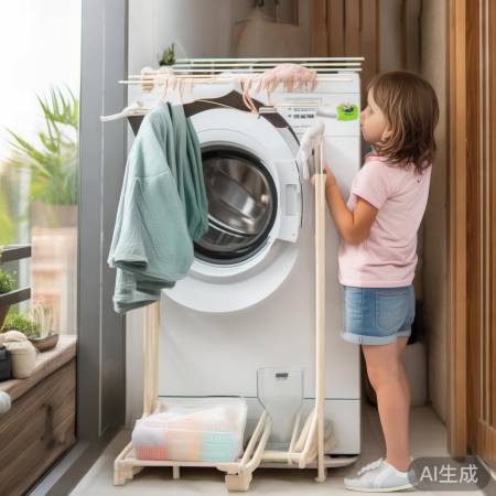 儿童房阳台洁整洗衣机，培养自理